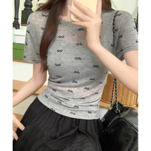 Blue Ice Silk Slim Fit Short Sleeve T-Shirt Womens Fashionable Summer Thin High-End Feelings Commute Style round Neck Top