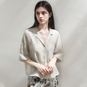 Miccbeirn | Pure Flax Short Sleeve Shirt Casual Commute Style Suit Collar Simple Short Length Womens Top Flash Spray Gold Fashionable