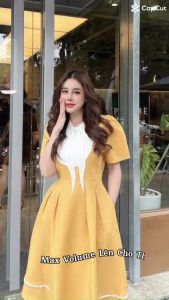Đầm Xòe Phối Nơ Cổ Viền Ren Chất vải Bố Xước