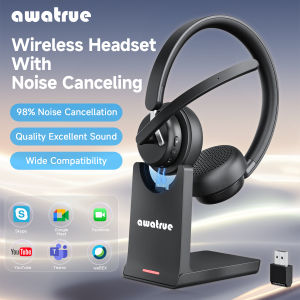 AWATRUE EH11 Wireless Bluetooth Headset with AI Noise Cancelling Mic & Charging Base 2.4GHz Wireless Headphone with USB Dongle