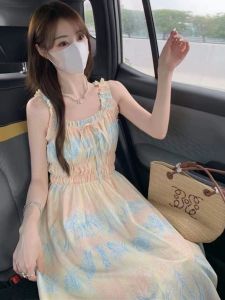 Elegant French Style Tea Break Dress 2024 New Printed Waist-Tying Romantic Tie-Dye Long Dress Single Piece Sleeveless A-Line Skirt
