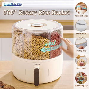 JustLiving 6 Grids Rotating Grid Rice Bucket Storage Rice Dispenser Rice Storage Bucket Rice And Grain Storage Container One-Click Rice Output Grain Storage Bucket Compartmentalised Rice Bucket