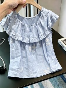 SHUAIYUE | Áo Blouse Thanh Lịch Giúp Gầy Gọn Trẻ Trung Màu Xanh Thêu
