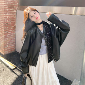 Black Hong Kong Style Short PU Leather Baseball Jacket Womens Fashion Cool Sweet Wind Outerwear Street Style Fall New