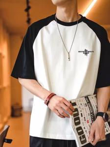 American Street Style Color Block Casual Cotton T-Shirt Mens Breathable Summer Short Sleeve Shoulder Insert T-Shirt