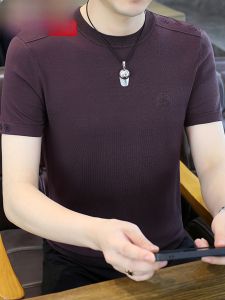 HENGYUANXIANG | Hengyuanxiang Mens Round Neck Short Sleeve T-Shirt Ice Silk Knitted Summer New Style Versatile Solid Color Half Sleeve Top