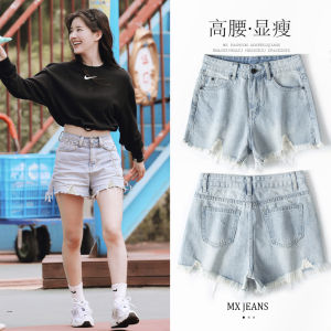 Celebrity Zhao Lusi Same Style Denim Shorts Womens Summer Thin A- line High Waist Small Loose Slim Looking Ripped Hot Pants