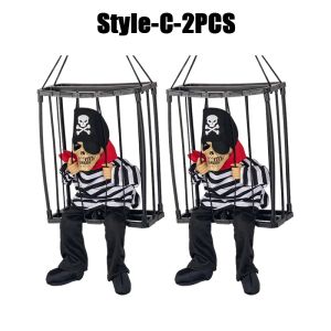 Halloween Decoration Prisoner Ghost In Cage Scary Skull Prop Electric Skeleton Toy Glowing Eye Sound Doll Hangable Talking Ghost
