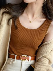 เสื้อกั๊กถักบางคอเหลี่ยมแขนกุดสำหรับผู้หญิงในช่วงฤดูร้อน เสื้อเชิ้ตทรงสลิมฟิตสำหรับใส่ทำงาน สีพื้น ไม่มีระบาย