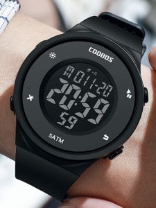 Waterproof Night Light Sports Watch for Men Simple round Dial Resin Band Digital Display Coobos Z0991 Student Exam Wristwatch