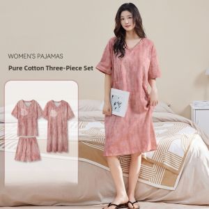 Miiow | Pure Cotton Womens Sleepwear Set With Chest Pad Short Sleeve Shorts Three-piece Summer Cool Home Clothes Can Be Worn Outside
