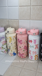 💐Cute Floral / Bow Design Vacuum Flask/ Tumbler 1000ml Stainless Steel Hot & Cold Bottle with Straw