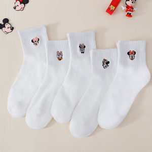 Disney | 5 Pairs of Fashionable and Cute Cartoon Anime Pattern Embroidery Design Womens Socks Personalized College Style White Socks