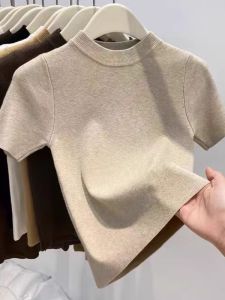 Big Sale Leak-Picking European Products Womens Clothes Cut Label round Neck Knitwear Short Sleeve T-Shirt Silm Slimming Inner Pullover Tops Tide