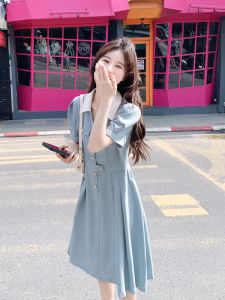 Elegant Light Blue Workwear Dress High Waist Commute Womens Summer Casual A-Line Long Dress Button Detail Short Sleeve