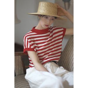 French Navy Striped Knitted Short Sleeve T-Shirt Women Summer Thin Elegant Color Block Design Shoulder Top round Neck T-Shirt