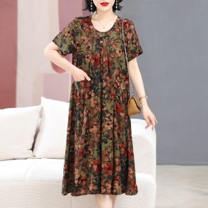 New Floral Cotton Silk Sleep Dress Women Summer Fashion Loose Belly Cover plus Size with Pocket Artificial Cotton Dress Outdoor Wear