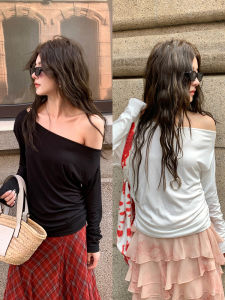 Pure Color Long Sleeve T-Shirt Asymmetrical Shoulder Pleated Base Shirt Slimming Fit Versatile Waist Cinched Bottoming Shirt