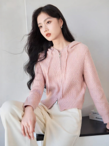 XIANGYING | Hooded Soft Pink Knit Sweater Loose Zipper Soft Lazy Style Sweater Coat