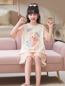 MiiOW | Bộ đồ ngủ cotton mùa hè cho bé gái MiiOW Cat Face Áo choàng cổ tròn tay ngắn Quần áo mặc nhà thoải mái thoáng khí