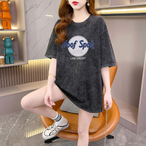 2024 Summer New Arrival Western Style Youthful-Looking Fancy round Neck T-shirt Female American Retro Washed Distressed Casual Tops