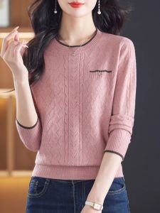 Spring Autumn Thin Pure Color Cashmere Sweater Womens round Neck Overhead Short Loose Knitted Base Shirt Long Sleeve