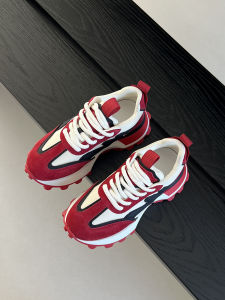 Red Thick Bottom Genuine Leather Deqin Shoes Womens 2025 New Winter Casual Sports Dad Shoes Small Waist Waffle Agan Shoes