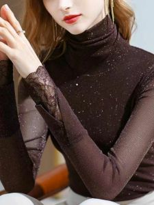 เสื้อยืดคอตั้งสไตล์ฝรั่งเศส ผ้าตาข่ายบุขนแกะ ขอบลูกไม้ เสื้อผ้าทำงานฤดูหนาว แฟชั่นฤดูใบไม้ร่วง 2023 แขนยาว เสื้อผ้าทำงานคอตตอนผสม