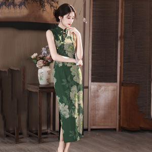YIJIAHONG | Sleeveless Green Chinese Style Modified Long Cheongsam