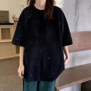 plus Size 300 Pounds Pure Cotton Glitter Short Sleeve Womens T-Shirt Summer Loose Slimming Casual Couples Top