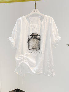 เสื้อยืดแขนสั้นผ้าไหมน้ำแข็งหลวมๆ สไตล์ฤดูร้อน 2025 สำหรับผู้หญิง เสื้อยืดคอกลมลายพิมพ์ ทรงหลวม แขนสั้น ผ้าฝ้ายผสม