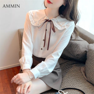 AMMIN ใหม่แขนยาวอเนกประสงค์บางคอตุ๊กตาลูกไม้เสื้อชีฟองแฟชั่นเกาหลีหรูหราอเนกประสงค์โบว์ผูกลูกไม้เสื้อชีฟองลำลองสำนักงานท็อปส์