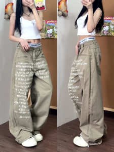 Original American Retro Letter Print Wide Leg Jeans Women Loose Slim Straight Floor-Length Hiphop Pants Casual Breathable