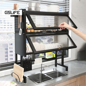 GSLIFE 1/2 Susun Rak Piring Wastafel Dengan Kabinet Rak Wastafel Cuci Piring Tertutup 304 Stainless Steel Rak Dapur Multifungsi