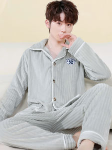 Bộ Đồ Ngủ Lông Cừu Coral Dày Dặn Mùa Đông Cho Nam Quần Dài Ấm Áp Mặc Ở Nhà Quần Ống Đứng Quần Ống Rộng Quần Ống Rộng