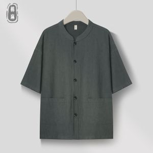 เสื้อเชิ้ตผ้าลินินบางหลวมๆ สำหรับผู้ชาย ฤดูร้อน แขนสั้น ผ้าลินินผสมผ้าฝ้ายสไตล์ย้อนยุค แฟชั่นสำหรับผู้ชาย