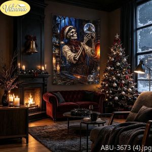 VIKAMA Dark Skeletal Children Sleigh Lantern Hamlet Wall Tapestry Noir Victorian Winter Snow Village Festive Room Home Decor