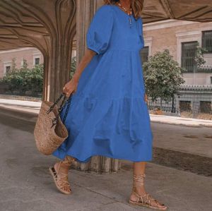 plus Size Summer Fashion round Neck Solid Color Loose Short Sleeve Dress Beach Long Skirt Women S-5XL Retro Style Loose Waist Polyester Fiber A-Line Skirt Short Sleeve Long Dress
