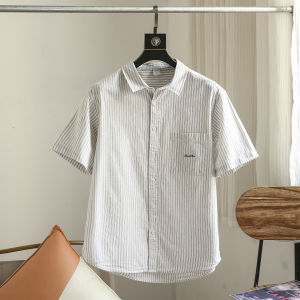 Summer New Style Japanese Retro Hong Wind Pure Cotton Striped Mens Loose Casual Collar Short Sleeve Shirt Half Sleeve Shirt
