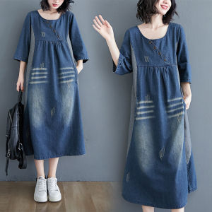 Loose Long Denim Dress Womens plus Size Spring Autumn Fashion Casual round Neck Long Sleeve Pocket Detail Artistic Dress