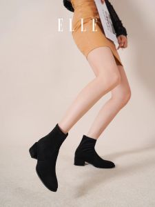 รองเท้าบู๊ทส้นสูง ELLE สำหรับผู้หญิง ทรงหัวแหลม วัสดุตาข่าย ด้านนอกเป็นหนัง PU บู๊ทส้นหนา บู๊ทถุงเท้า สไตล์มาร์ติน ฤดูใบไม้ร่วง/ฤดูหนาว