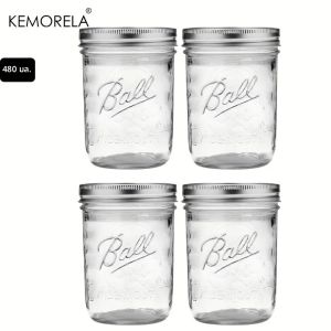 KEMORELA 2/4PCS กว้างปากแก้ว Mason Jars พร้อมฝาปิด-470ML สําหรับ Canning Pickling Juice Jam Jelly เครื่องล้างจานแบบใช้ซ้ําได้ปลอดภัย