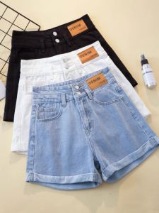 High Waist Double Button A-Line Wide Leg Denim Shorts