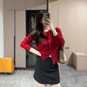 CHOEFULYN | Elegant Red Short Knitted Cardigan