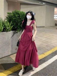 Sweet Korean Style Beach Vacation Off-Shoulder Long Dress Womens Summer New High Waist Fresh Style Short Sleeve A-Line Dress
