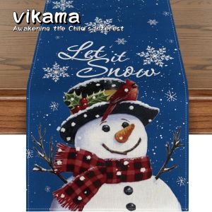 VIKAMA Christmas Table Runner Red Snowman and Santa Claus Print Holiday Decor for Dining Room and Coffee Table Linen Table Mat