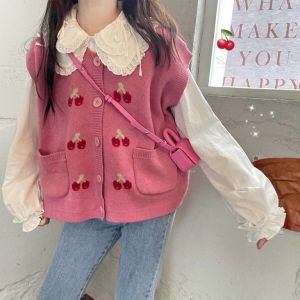 Lively Fashionable Cherry Knitted Sweater Vest Set Doll Collar Shirt Outerwear Two-Piece Suit Polyester Spring 2022