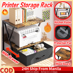 Printer Rack Stand With Storage Drawer And Wood Broad Printer Stand Rack Organizer Metal Desktop Organizer Rack Microwave Oven Stand Rack Wood Kitchen Racks Organizer With Protection Pad Multi-Purpose Desk Organizer For Office Home