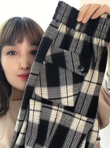 Stretch Plaid Pants Autumn and Winter 2024 Thickened No Fleece-lined Button Baggy Pants Martin Pants High Waist Casual Womens Pants