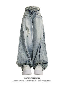 American Retro Lantern กางเกง สูง เอว หลวม Drape เดนิม กางเกงยีนส์ ผู้หญิง ฤดูร้อน สาวเผ็ด สตรีทสไตล์ ดีไซน์ รู กางเกงยีนส์ขาด